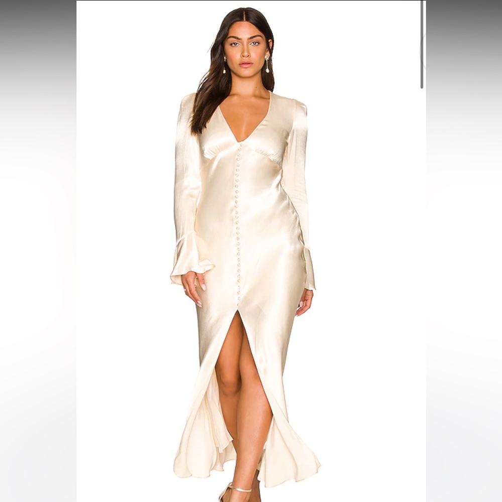 Shona Joy Frill Cuff Bias Midi Dress in Cream, Size 8